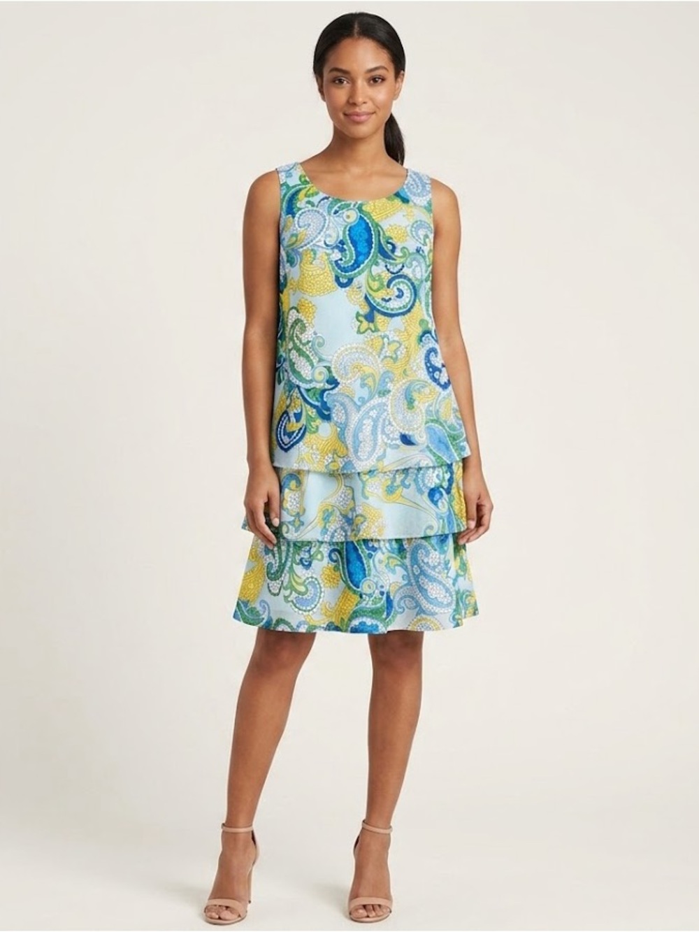 Harper 241 3-Tier Layered Sleeveless Dress Blue Yellow Paisley Print Size 12 NWT